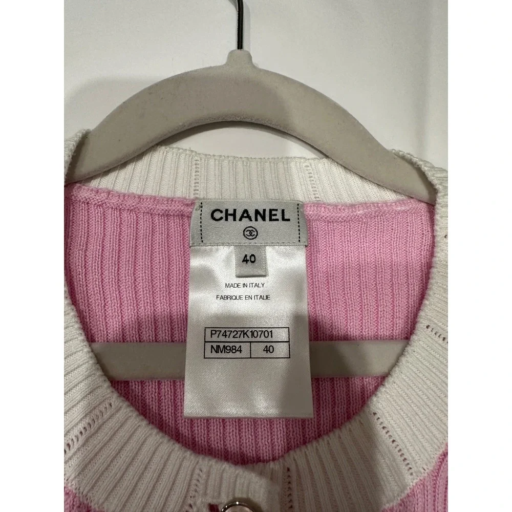23P Chanel Pink Ribbed Knit CC Logo Button Cardigan Size 40 - Picture 7 of 16